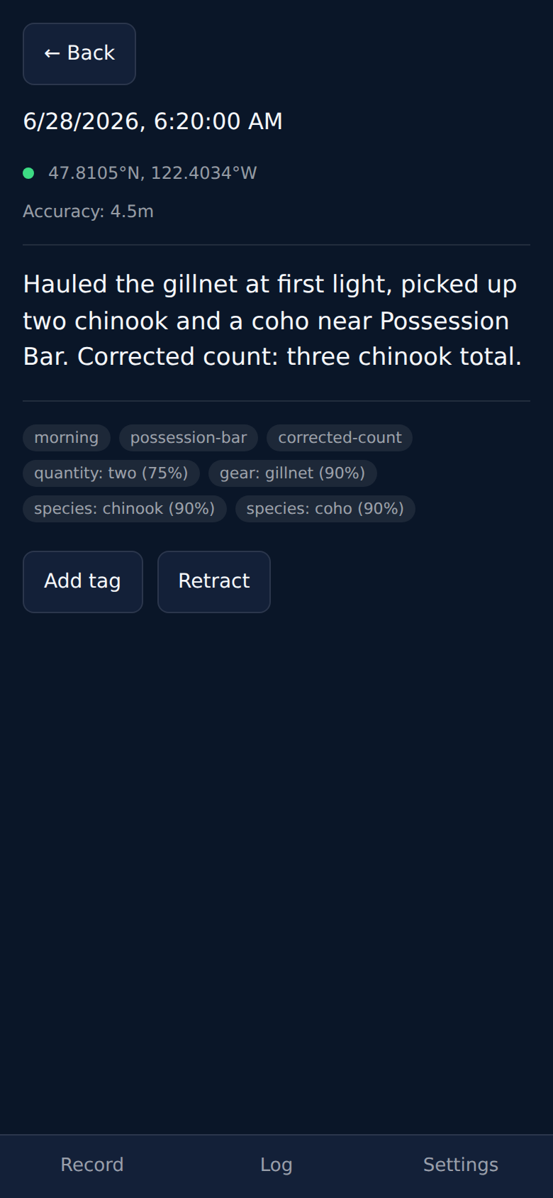 DeckBoss entry detail screen showing full transcript, location map, and editing options.