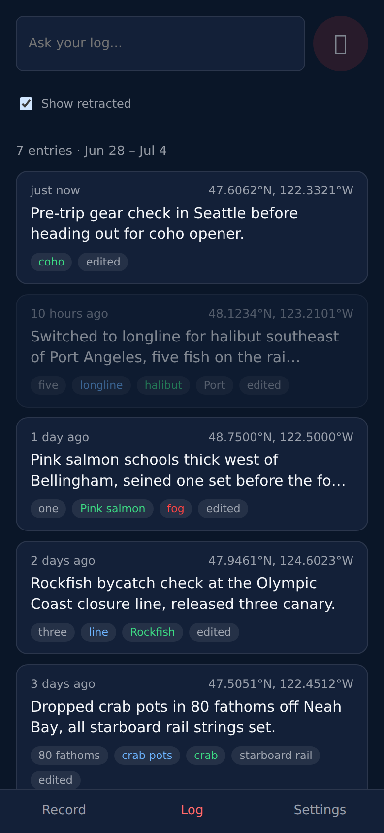 DeckBoss timeline view listing entries with date, GPS, and transcript preview.